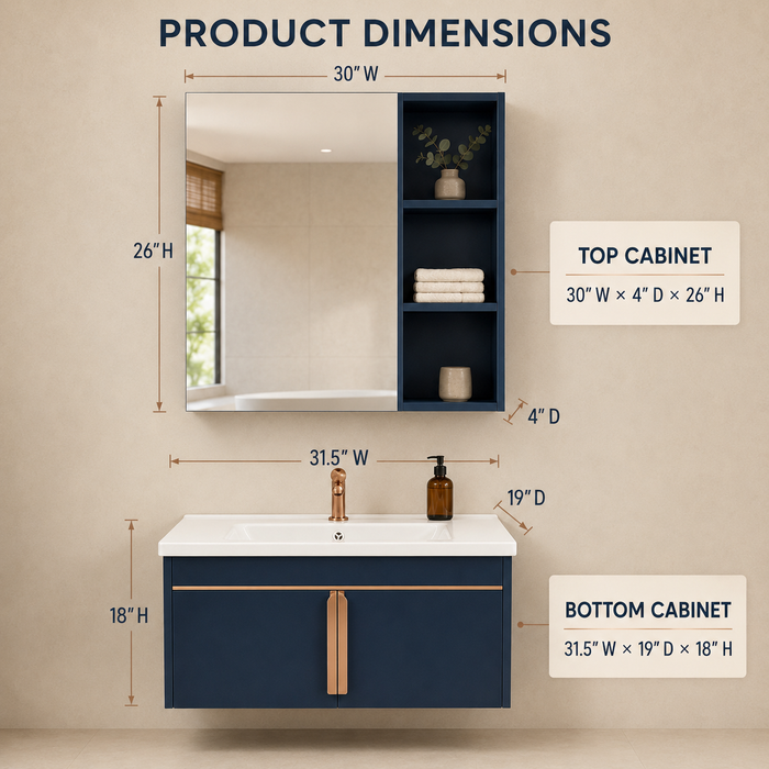 Navy wall-mounted bathroom vanity set with white ceramic basin, rose-gold accents, large mirror and open shelving, shown in lifestyle, storage, feature and dimension views.