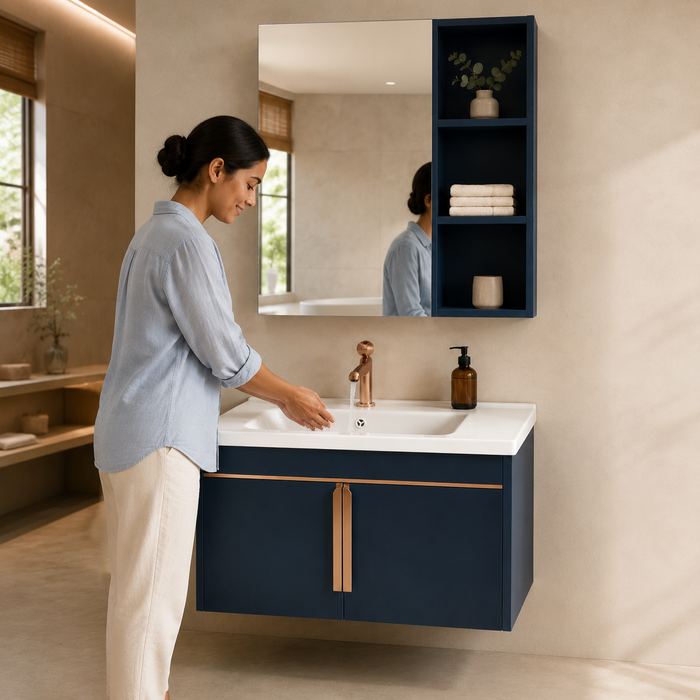 Navy wall-mounted bathroom vanity set with white ceramic basin, rose-gold accents, large mirror and open shelving, shown in lifestyle, storage, feature and dimension views.