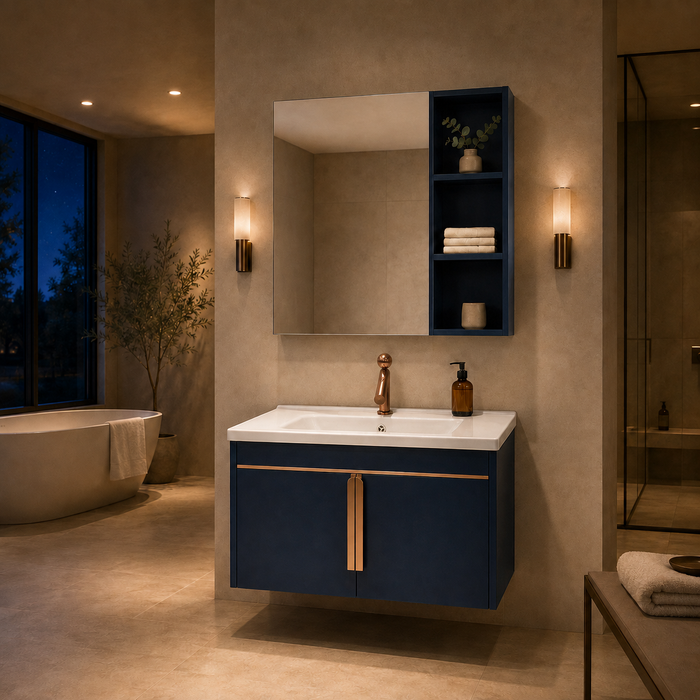 Navy wall-mounted bathroom vanity set with white ceramic basin, rose-gold accents, large mirror and open shelving, shown in lifestyle, storage, feature and dimension views.