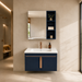 Navy wall-mounted bathroom vanity set with white ceramic basin, rose-gold accents, large mirror and open shelving, shown in lifestyle, storage, feature and dimension views.