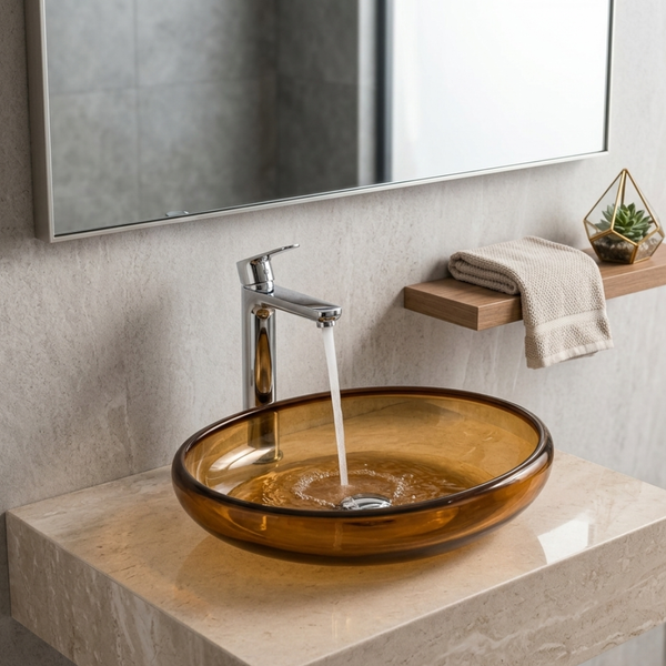 Bassino Modern Transparent Resin Wash Basin | Stylish Countertop Wash Basin for Bathroom –600x400x120 mm Brown