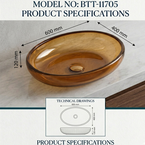 Bassino Modern Transparent Resin Wash Basin | Stylish Countertop Wash Basin for Bathroom –600x400x120 mm Brown