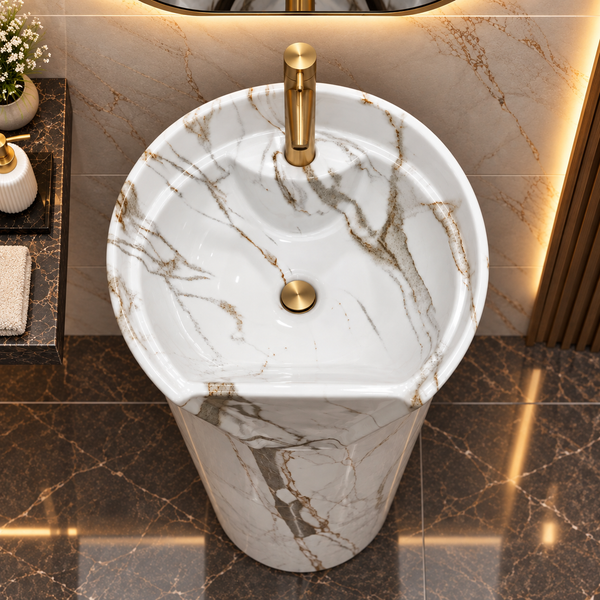 Oval Freestanding Pedestal Wash Basin – 15.7 × 13.8 × 33.1 Inch White Marble Pattern Ceramic Matte Finish