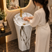 Oval freestanding pedestal wash basin 15.7 x 13.8 x 33.1 inch white marble pattern ceramic with matte finish and modern floor standing design for luxury bathrooms