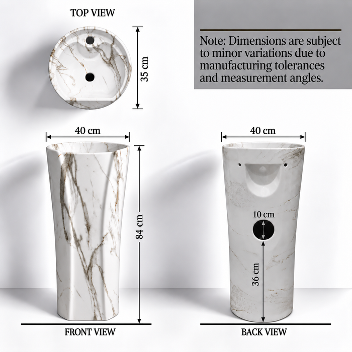 Oval freestanding pedestal wash basin 15.7 x 13.8 x 33.1 inch white marble pattern ceramic with matte finish and modern floor standing design for luxury bathrooms