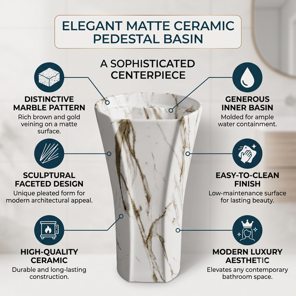 Oval Freestanding Pedestal Wash Basin – 15.7 × 13.8 × 33.1 Inch White Marble Pattern Ceramic Matte Finish