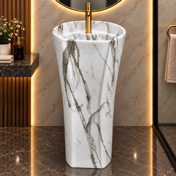 Oval freestanding pedestal wash basin 15.7 x 13.8 x 33.1 inch white marble pattern ceramic with matte finish and modern floor standing design for luxury bathrooms