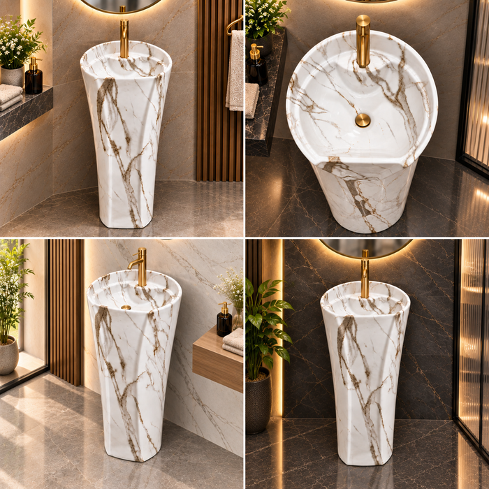 Oval freestanding pedestal wash basin 15.7 x 13.8 x 33.1 inch white marble pattern ceramic with matte finish and modern floor standing design for luxury bathrooms