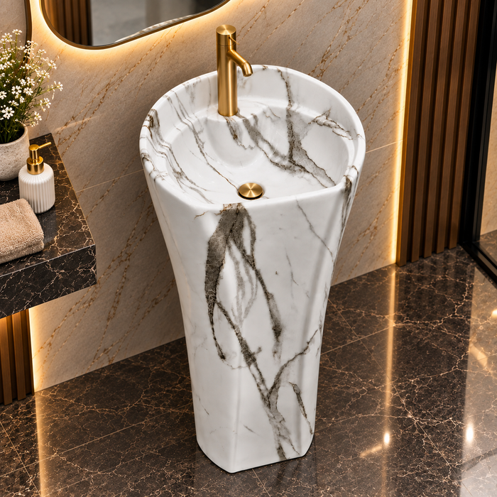 Oval freestanding pedestal wash basin 15.7 x 13.8 x 33.1 inch white marble pattern ceramic with matte finish and modern floor standing design for luxury bathrooms