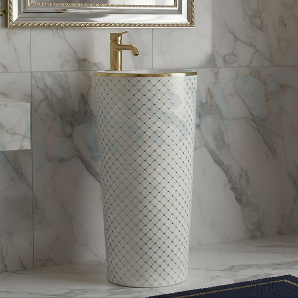 Bassino Luxury Pedestal Wash Basin – White with Gold Net Design | 16.5″ × 16.5″ × 33.5″ In