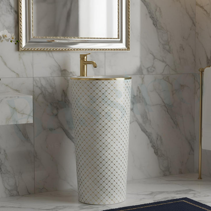 Bassino Luxury Pedestal Wash Basin – White with Rose Gold Net Design (420x420x850 MM)