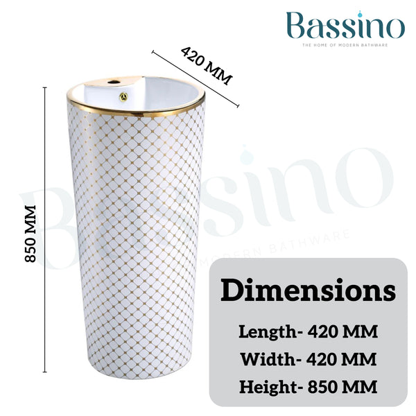 Bassino Luxury Pedestal Wash Basin – White with Gold Net Design | 16.5″ × 16.5″ × 33.5″ In