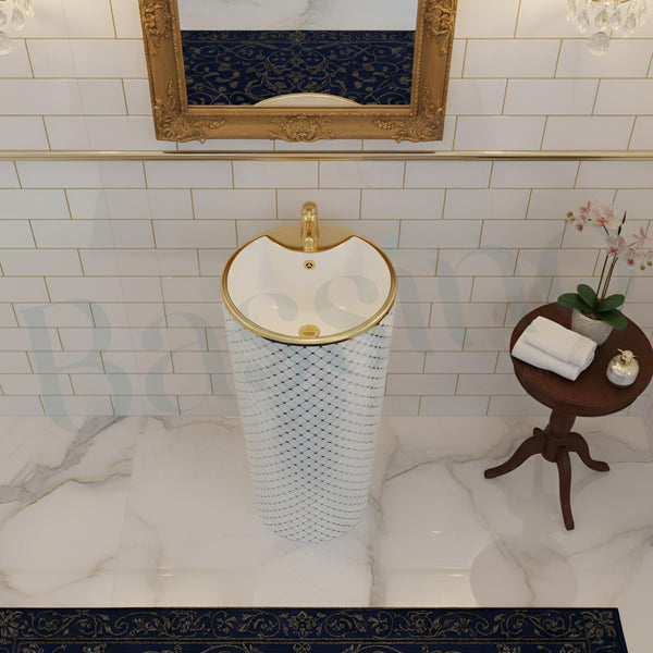 Bassino Luxury Pedestal Wash Basin – White with Gold Net Design | 16.5″ × 16.5″ × 33.5″ In