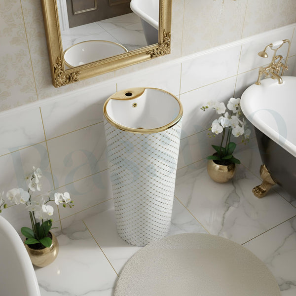 Bassino Luxury Pedestal Wash Basin – White with Gold Net Design | 16.5″ × 16.5″ × 33.5″ In