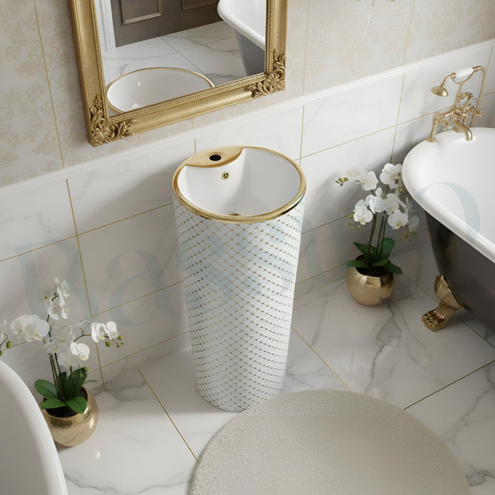 Bassino Luxury Pedestal Wash Basin – White with Rose Gold Net Design (420x420x850 MM)
