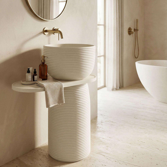 Luxury Pedestal Wash Basin with Side Shelf | Artificial Stone Freestanding Basin | 24″ × 16″ × 34″ In Ivory