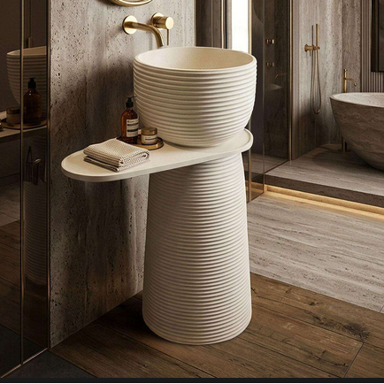Luxury Pedestal Wash Basin with Side Shelf | Artificial Stone Freestanding Basin | 24″ × 16″ × 34″ In Ivory