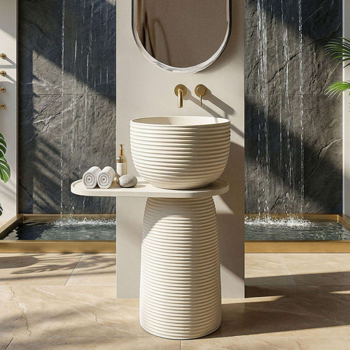 Luxury Pedestal Wash Basin with Side Shelf | Artificial Stone Freestanding Basin | 24″ × 16″ × 34″ In Ivory