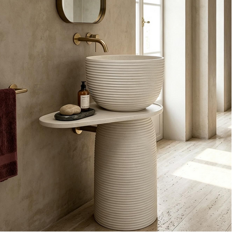 Luxury Pedestal Wash Basin with Side Shelf | Artificial Stone Freestanding Basin | 24″ × 16″ × 34″ In Ivory