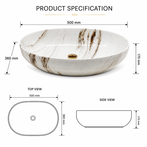 Premium Ceramic Designer Table Top Wash Basin, Refined Finish (20 × 14.5 × 5.5 In) MARBLE MATT-6