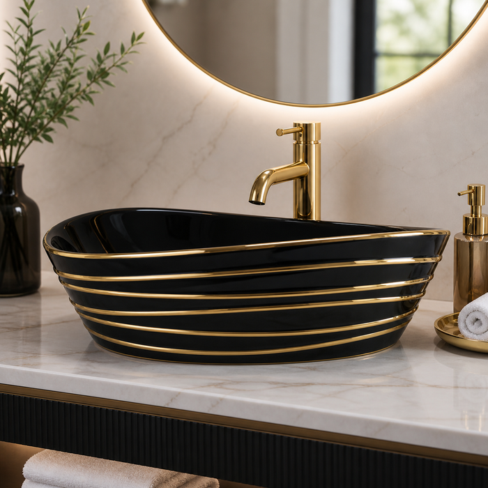 Premium Designer Ceramic Table Top Wash Basin, Black & Gold 