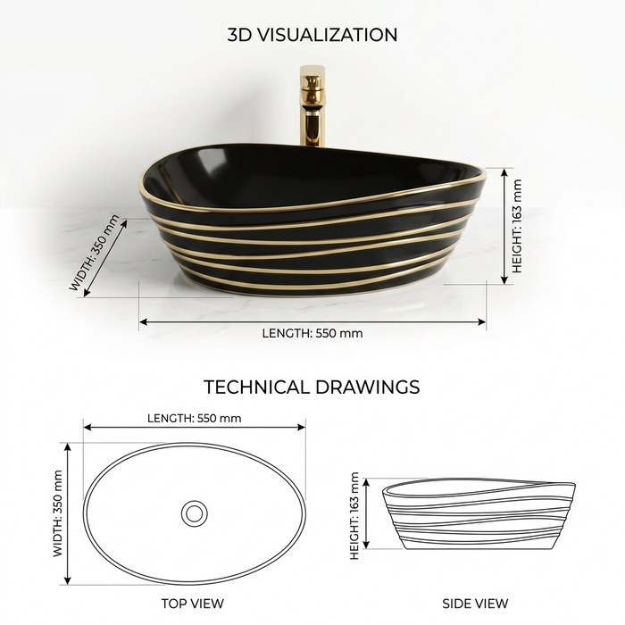 Premium Designer Ceramic Table Top Wash Basin, Black & Gold 