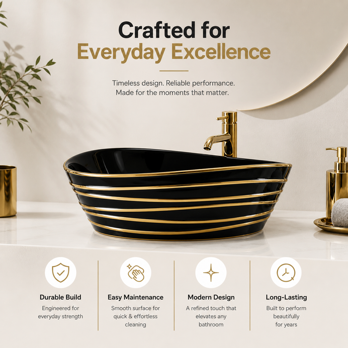 Premium Designer Ceramic Table Top Wash Basin, Black & Gold 