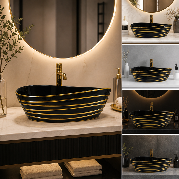 Premium Designer Ceramic Table Top Wash Basin, Black & Gold 