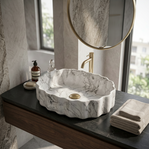 Bassino White Grey Marble Design Ceramic Countertop Wash Basin – Luxury Oval Table Top Basin (20" x 15" x 5.5")