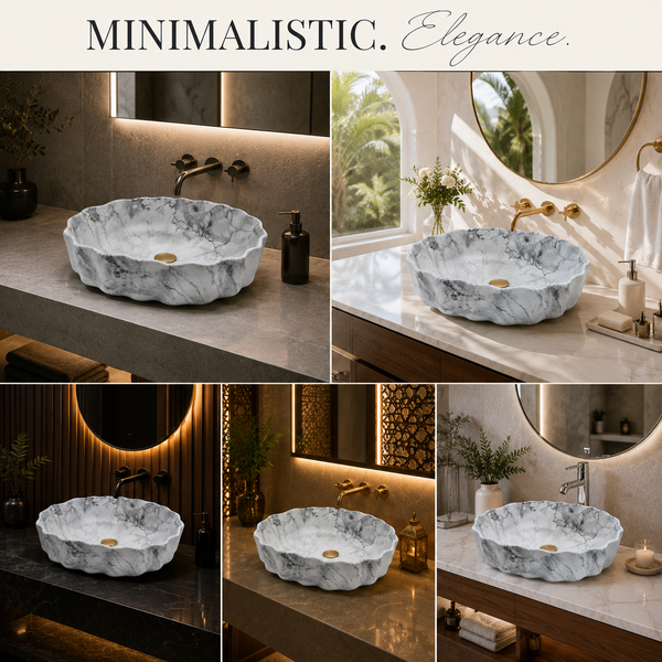 Bassino White Grey Marble Design Ceramic Countertop Wash Basin – Luxury Oval Table Top Basin (20" x 15" x 5.5")