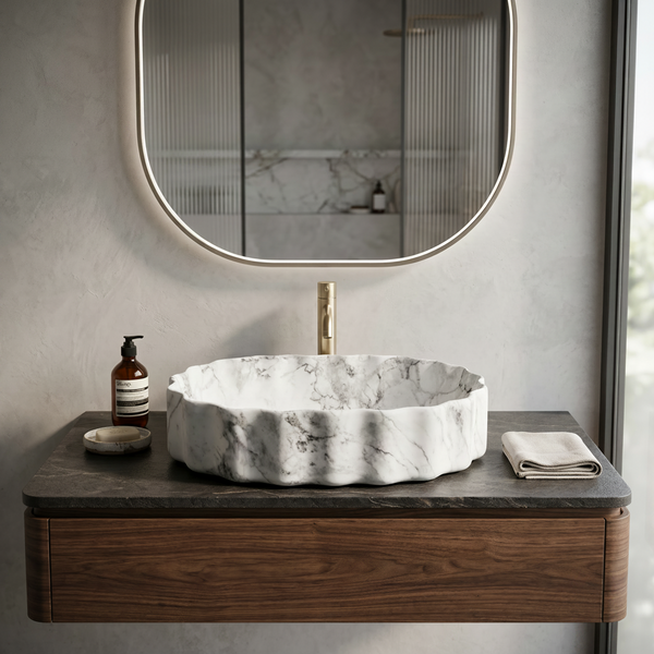 Bassino White Grey Marble Design Ceramic Countertop Wash Basin – Luxury Oval Table Top Basin (20" x 15" x 5.5")