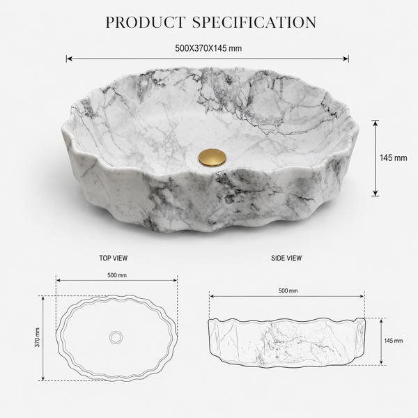 Bassino White Grey Marble Design Ceramic Countertop Wash Basin – Luxury Oval Table Top Basin (20" x 15" x 5.5")