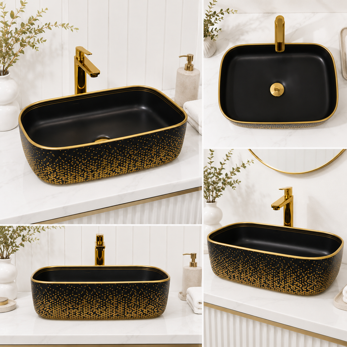 Premium Matte Black & Gold Rectangular Counter top wash basin