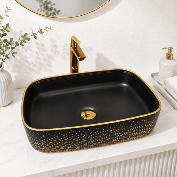 Bassino 20" x 15" Luxury Countertop Wash Basin – Premium Matte Black & Gold Rectangular Ceramic Vessel Sink (19.7" x 14.6" x 5.3")