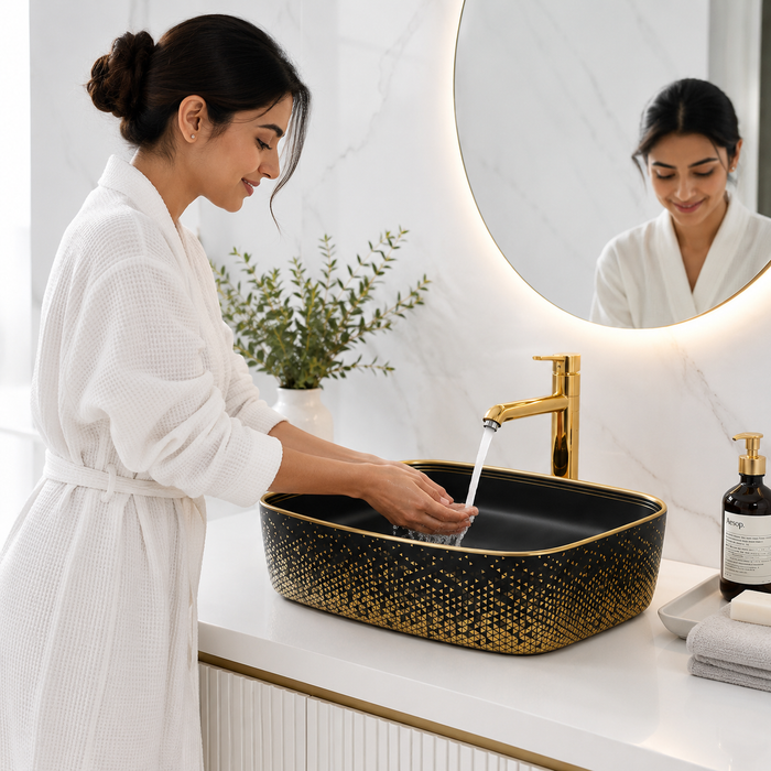 Premium Matte Black & Gold Rectangular Counter top wash basin