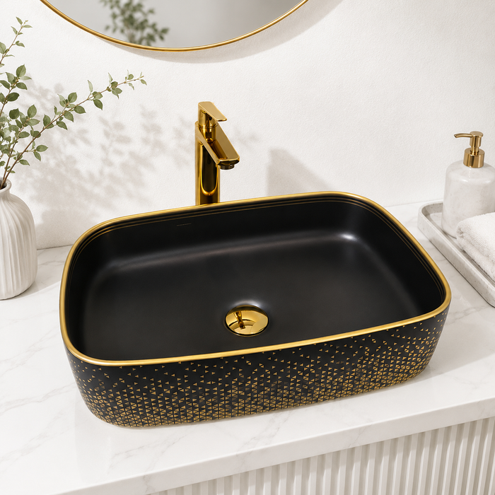 Premium Matte Black & Gold Rectangular Counter top wash basin