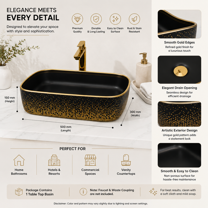 Premium Matte Black & Gold Rectangular Counter top wash basin