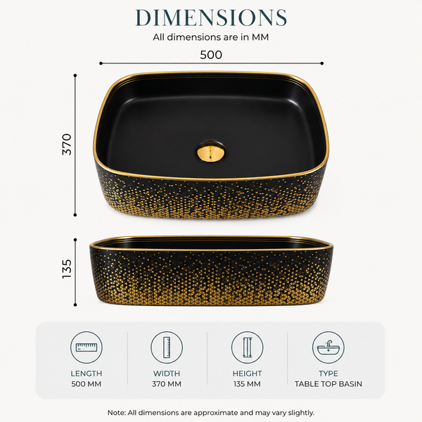 Bassino 20" x 15" Luxury Countertop Wash Basin – Premium Matte Black & Gold Rectangular Ceramic Vessel Sink (19.7" x 14.6" x 5.3")