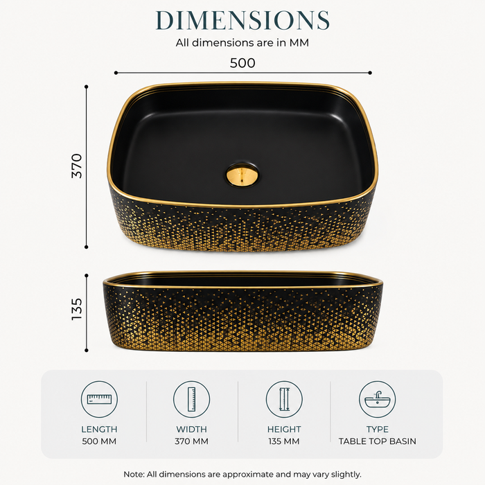 Premium Matte Black & Gold Rectangular Counter top wash basin
