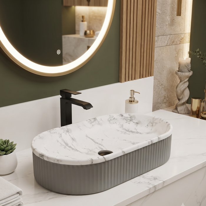 Premium oval table top wash basin with white marble finish interior and grey ribbed exterior, 600 x 340 x 130 mm, modern countertop bathroom basin