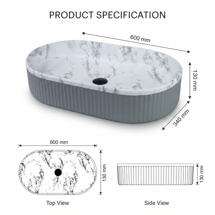 Premium oval table top wash basin with white marble finish interior and grey ribbed exterior, 600 x 340 x 130 mm, modern countertop bathroom basin