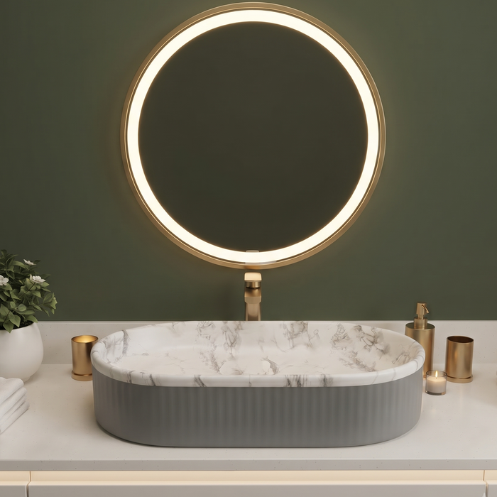 Premium oval table top wash basin with white marble finish interior and grey ribbed exterior, 600 x 340 x 130 mm, modern countertop bathroom basin