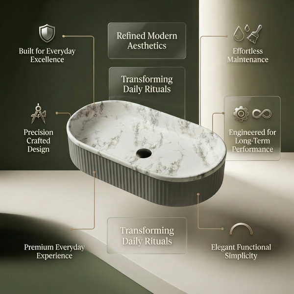 Premium Oval Marble Finish Table Top Wash Basin – Grey Ribbed Ceramic | 600 × 340 × 130 mm