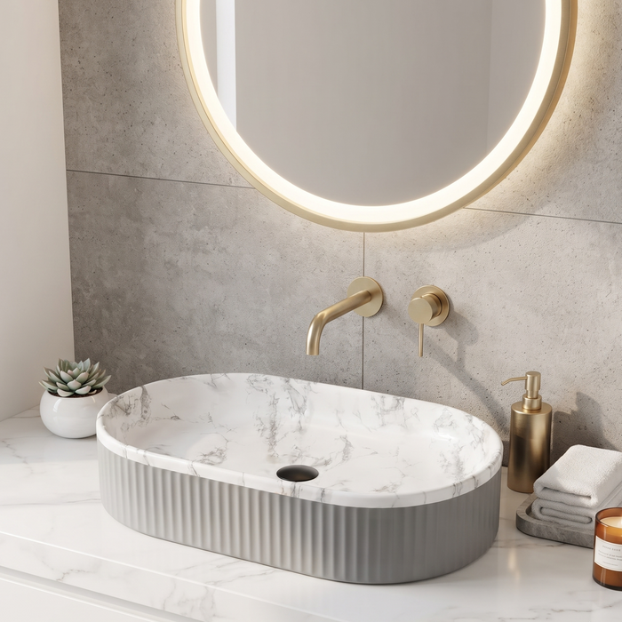 Premium oval table top wash basin with white marble finish interior and grey ribbed exterior, 600 x 340 x 130 mm, modern countertop bathroom basin