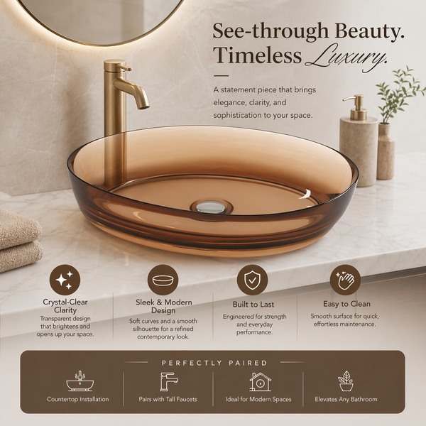 Bassino Modern Transparent Resin Wash Basin | Stylish Countertop Wash Basin for Bathroom–550x400x150 mm Brown