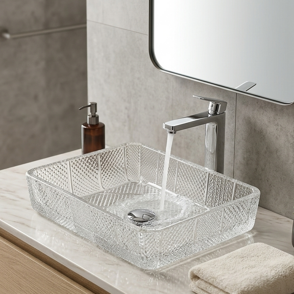 Bassino Modern Transparent Glass Wash Basin | Stylish Countertop Wash Basin for Bathroom–460x320x105 mm Clear