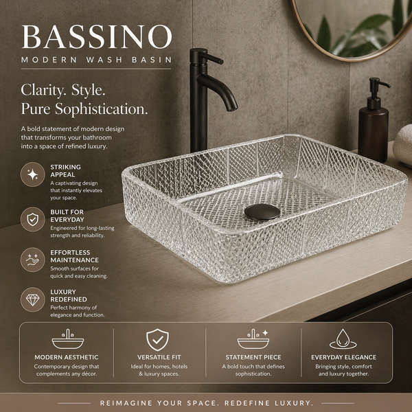 Bassino Modern Transparent Glass Wash Basin | Stylish Countertop Wash Basin for Bathroom–460x320x105 mm Clear