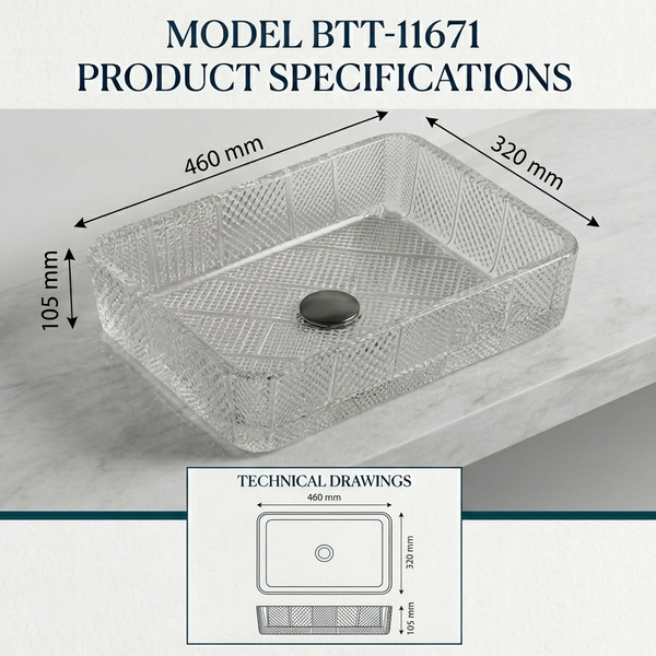 Bassino Modern Transparent Glass Wash Basin | Stylish Countertop Wash Basin for Bathroom–460x320x105 mm Clear