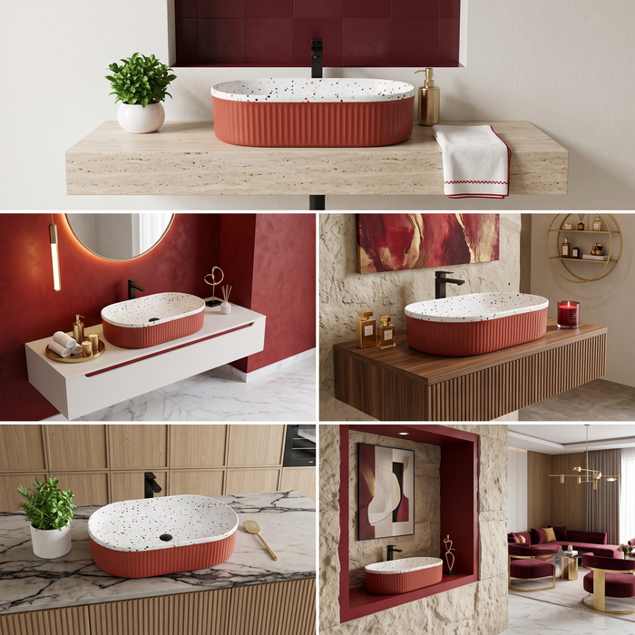Red ribbed ceramic oval table top wash basin with white multicolour terrazzo finish interior, 600 x 340 x 130 mm, modern countertop bathroom basin