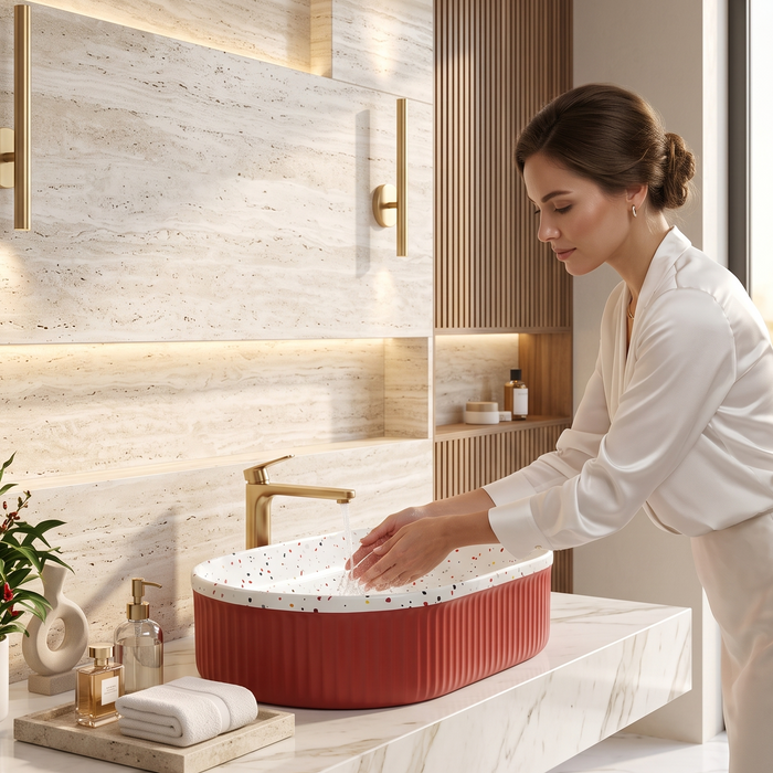 Red ribbed ceramic oval table top wash basin with white multicolour terrazzo finish interior, 600 x 340 x 130 mm, modern countertop bathroom basin